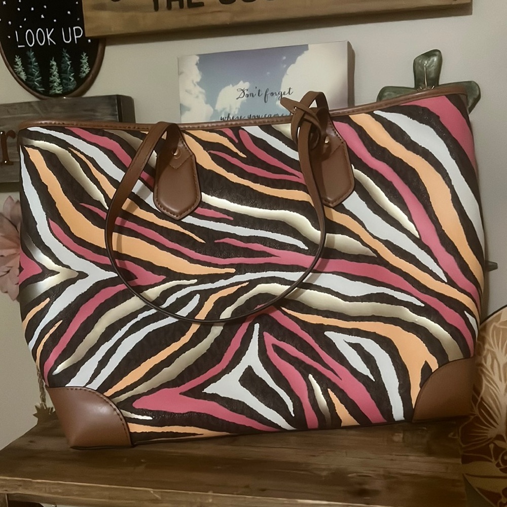 Michael Kors Signature Eva Colorful Zebra Print Tote With Snap Pouch